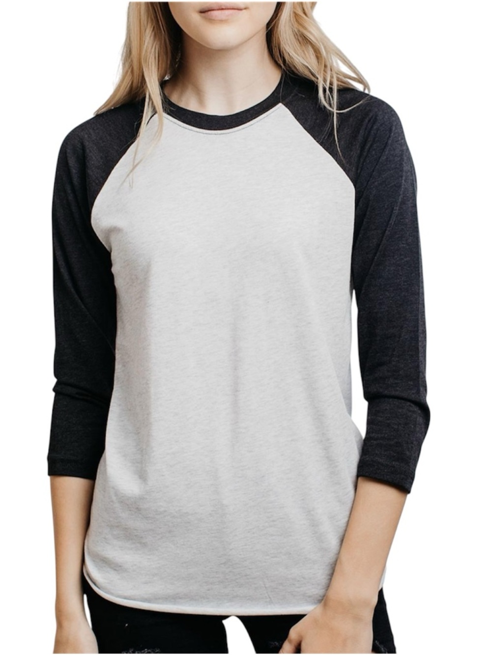 Classic Crewneck Dark Gray & White Color Block 3/4 Sleeve Pullover T-Shirt Top